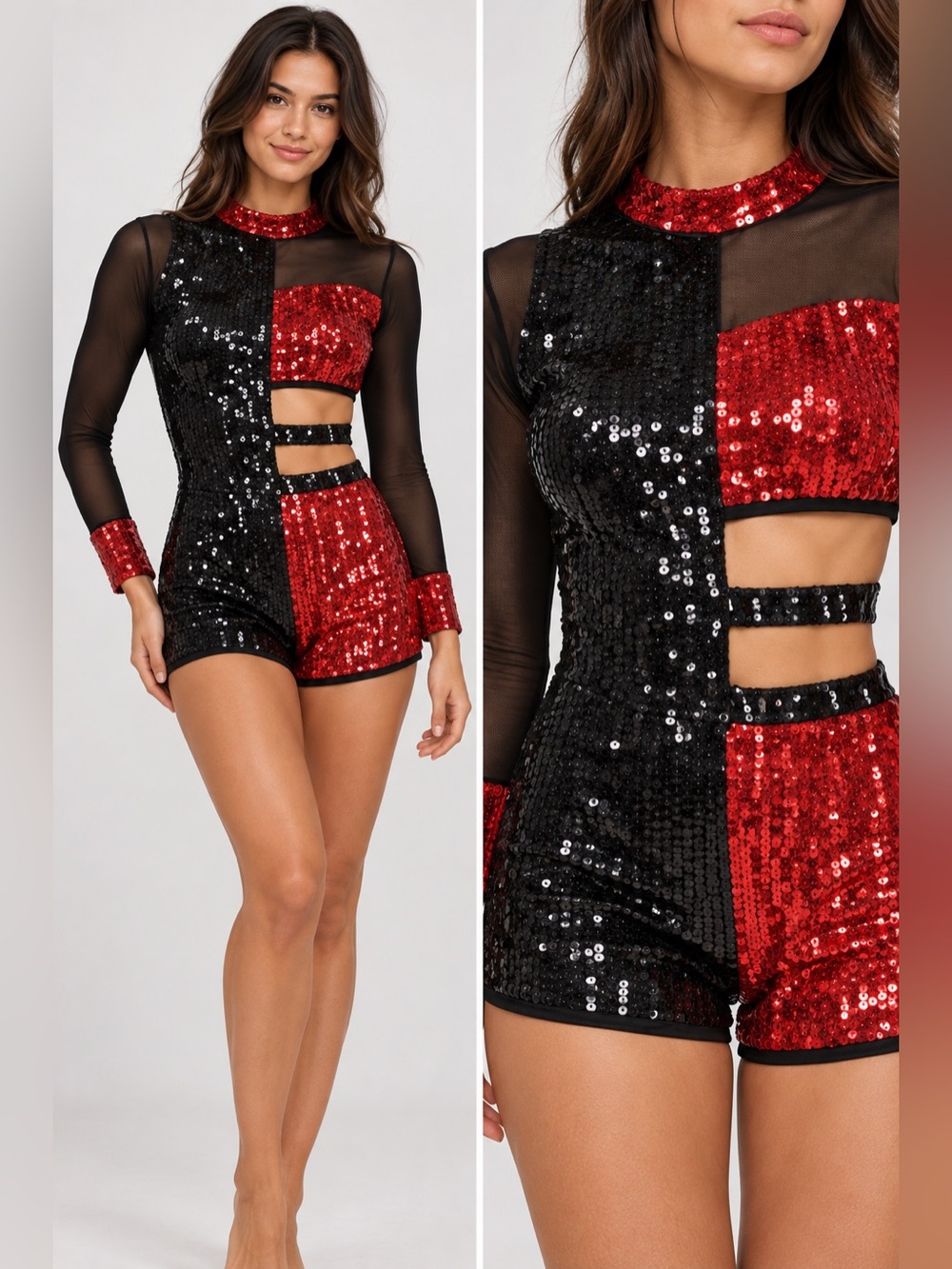 Glamour solo dance costume red black sequin XLA-Extra large adult